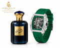 Automatic Skeleton Dial Black Case Green Strap & Qayed Al Sahari Eau. Combo.