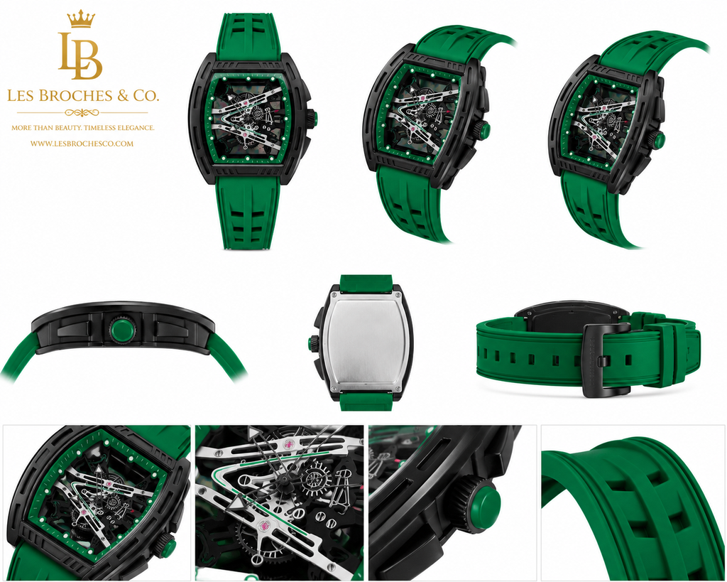 Automatic Skeleton Dial Black Case Green Strap & Qayed Al Sahari Eau. Combo.