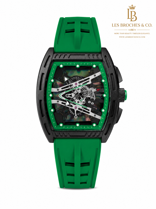 Automatic Skeleton Dial Black Case Green Strap & Qayed Al Sahari Eau. Combo.